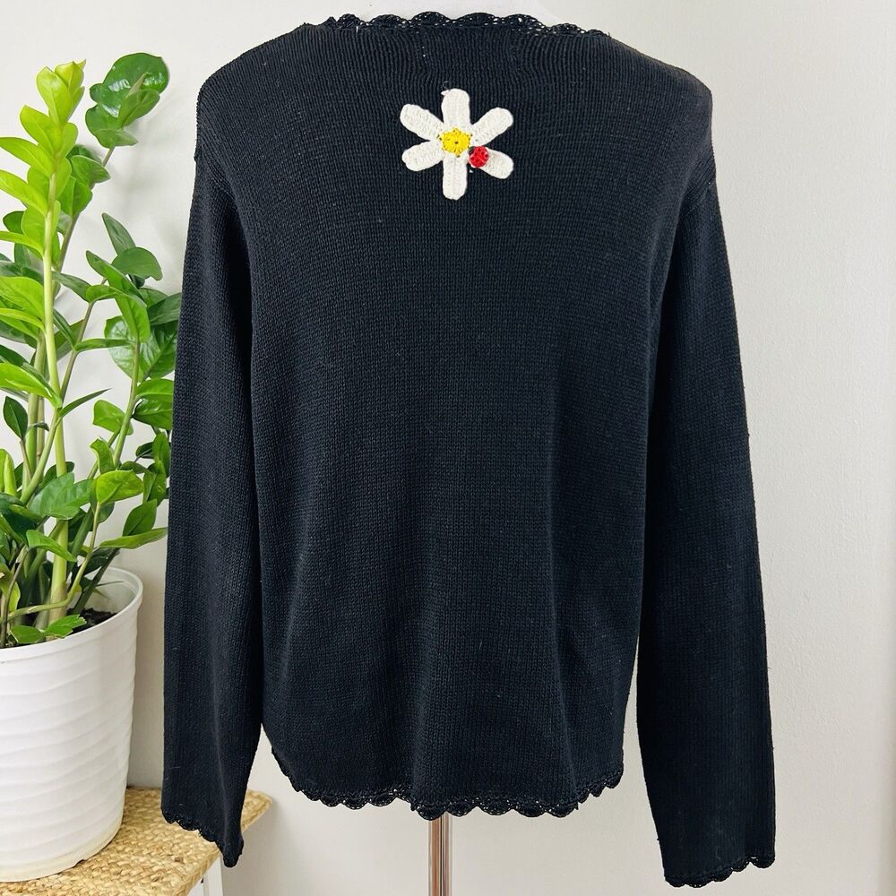 Vtg Shenanigans Black Daisy & Ladybug Y2K Cottagecore Knitted Cardigan Sweater M - Picture 7 of 10